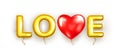 Gold letter love balloons. Heart red characters balloons in the air. For celebration, party, date, invitation, event
