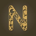 Gold letter N for laser cutting. English alphabet. Vector illustration.