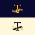 Gold letter T. Calligraphic beautiful logo with tape for labels. Graceful style. Vintage drawn emblem for book design, brand name,