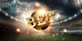 Gold Lettering bet against golden ball and stadium background. Bets, sports betting, watch sports and bet Royalty Free Stock Photo