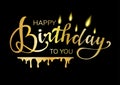 Gold lettering of Happy Birthday with candles and drips on black background. Typography design. Greeting card. Royalty Free Stock Photo