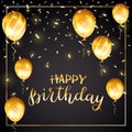 Golden text Happy Birthday with balloons and confetti on black b Royalty Free Stock Photo