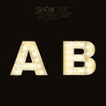 Gold letters A and B with sparkling light bulbs and a pattern. Alphabet for presentations and shows. Realistic illustration