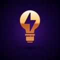 Gold Light bulb with lightning symbol icon isolated on black background. Light lamp sign. Idea symbol. Vector Royalty Free Stock Photo