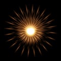 Gold light glow on black horizontal background. Golden bright spark shining vector illustration. Flash of light with ray Royalty Free Stock Photo