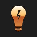 Gold Light lamp sign. Bulb with lightning symbol icon isolated on black background. Idea symbol. Long shadow style Royalty Free Stock Photo