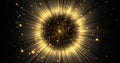 Gold light sphere ball with glitter sparkles burst and glowing shimmer radiance explosion burst. Magic glow sphere emitting golden