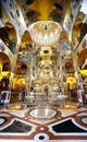 Gold lighted altar central gallery, cathedral church. Byzantium stile interior. Montenegro.