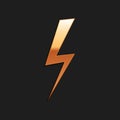 Gold Lightning bolt icon isolated on black background. Flash icon. Charge flash icon. Thunder bolt. Lighting strike