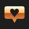 Gold Like and heart icon isolated on black background. Counter Notification Icon. Follower Insta. Long shadow style