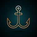 Gold line Anchor icon isolated on dark blue background. Vector Illustration Royalty Free Stock Photo