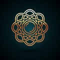 Gold line Atom icon isolated on dark blue background. Symbol of science, education, nuclear physics, scientific research Royalty Free Stock Photo