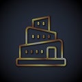 Gold line Babel tower bible story icon isolated on black background. Vector
