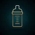 Gold line Baby milk in a bottle icon isolated on dark blue background. Feeding bottle icon. Vector Royalty Free Stock Photo