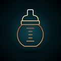 Gold line Baby milk in a bottle icon isolated on dark blue background. Feeding bottle icon. Vector Royalty Free Stock Photo