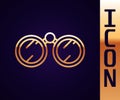 Gold line Binoculars icon isolated on black background. Find software sign. Spy equipment symbol. Vector Illustration