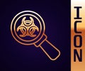 Gold line Biohazard and magnifying glass icon isolated on black background. Vector Royalty Free Stock Photo