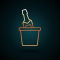 Gold line Bottle of champagne in an ice bucket icon isolated on dark blue background. Vector Royalty Free Stock Photo