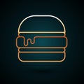 Gold line Burger icon isolated on dark blue background. Hamburger icon. Cheeseburger sandwich sign. Fast food menu