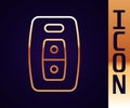 Gold line Car key with remote icon isolated on black background. Car key and alarm system. Vector Royalty Free Stock Photo