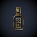 Gold line Car key with remote icon isolated on black background. Car key and alarm system. Vector Royalty Free Stock Photo