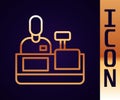 Gold line Cashier at cash register supermarket icon isolated on black background. Shop assistant, cashier standing at