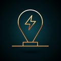 Gold line Charging parking electric car icon isolated on dark blue background. Vector Royalty Free Stock Photo
