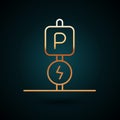 Gold line Charging parking electric car icon isolated on dark blue background. Vector Royalty Free Stock Photo