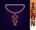 Gold line Christian cross on chain icon isolated on black background. Church cross. Vector Royalty Free Stock Photo