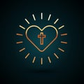 Gold line Christian cross and heart icon isolated on dark blue background. Happy Easter. Vector Illustration Royalty Free Stock Photo