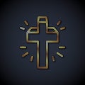 Gold line Christian cross icon isolated on black background. Church cross. Vector Royalty Free Stock Photo