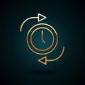 Gold line Clock with arrow icon isolated on dark blue background. Time symbol. Clockwise rotation icon arrow and time Royalty Free Stock Photo