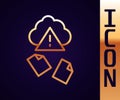 Gold line Cloud hacking icon isolated on black background. Cloud leak. Vector