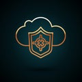 Gold line Cloud and shield icon isolated on dark blue background. Cloud storage data protection. Security, safety Royalty Free Stock Photo