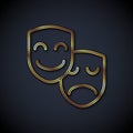 Gold line Comedy and tragedy theatrical masks icon isolated on black background. Vector Royalty Free Stock Photo