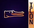 Gold line Crocodile icon isolated on black background. Animal symbol. Vector