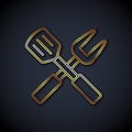 Gold line Crossed fork and spatula icon isolated on black background. BBQ fork and spatula sign. Barbecue and grill