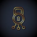 Gold line Cyber security icon isolated on black background. Closed padlock on digital circuit board. Safety concept Royalty Free Stock Photo