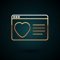 Gold line Dating app online laptop concept icon isolated on dark blue background. Female male profile flat design