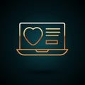 Gold line Dating app online laptop concept icon isolated on dark blue background. Female male profile flat design