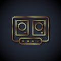 Gold line DJ remote for playing and mixing music icon isolated on black background. DJ mixer complete with vinyl player Royalty Free Stock Photo