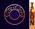 Gold line Donut with sweet glaze icon isolated on black background. Vector Illustration