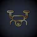 Gold line Drone flying icon isolated on black background. Quadrocopter with video and photo camera symbol. Vector Royalty Free Stock Photo