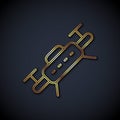 Gold line Drone flying icon isolated on black background. Quadrocopter with video and photo camera symbol. Vector