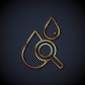 Gold line Drop and magnifying glass icon isolated on black background. Vector