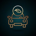 Gold line Eco car concept drive with leaf icon isolated on dark blue background. Green energy car symbol. Vector Royalty Free Stock Photo