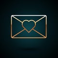 Gold line Envelope with Valentine heart icon isolated on dark blue background. Message love. Letter love and romance Royalty Free Stock Photo