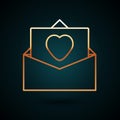Gold line Envelope with Valentine heart icon isolated on dark blue background. Message love. Letter love and romance Royalty Free Stock Photo