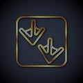 Gold line Goose paw footprint icon isolated on black background. Vector