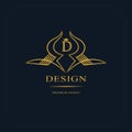 Gold Line graphics monogram. Elegant art logo design. Letter D. Graceful template. Business sign, identity for Restaurant, Royalty Royalty Free Stock Photo